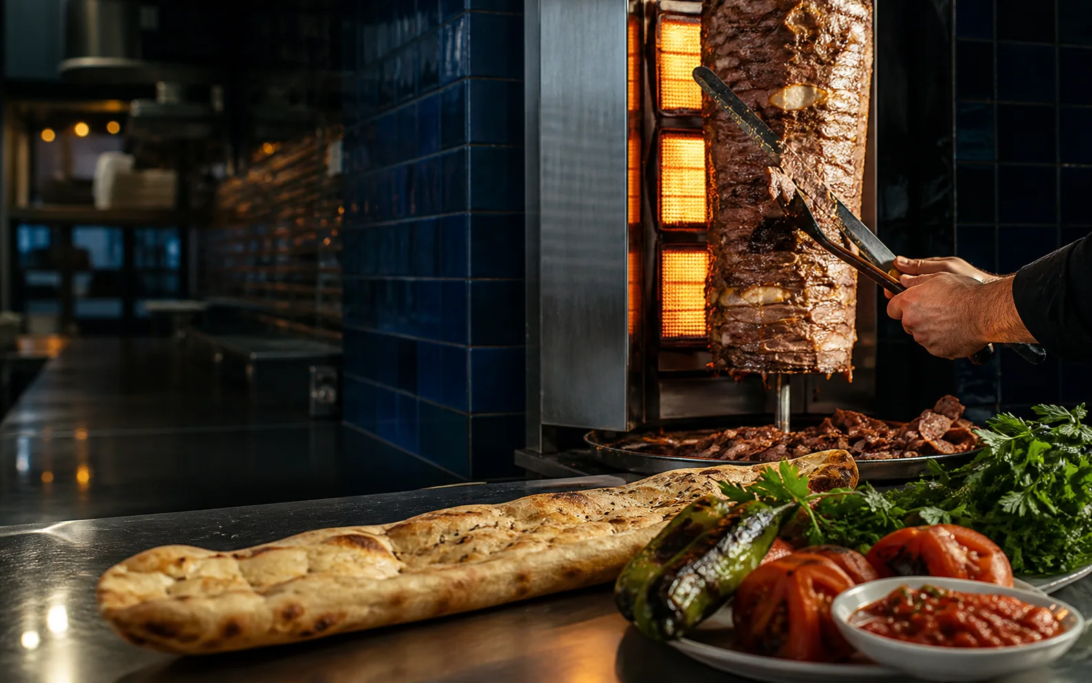Frisch gegrillter Kebap mit Fladenbrot und Gemüse